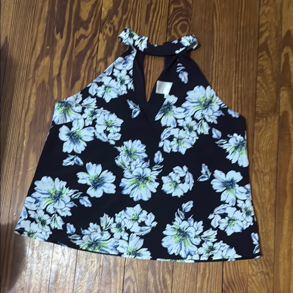 J.O.A. Black and Blue Floral Halter Tank Top